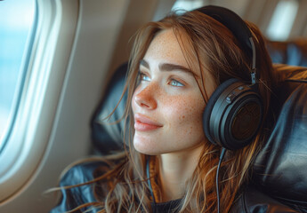 Wall Mural - Young woman listening to music on headphones while traveling on plane