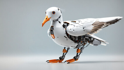 The image shows a steampunk style seagull with white and silver wings and an orange beak standing on a white surface against a pale grey background.

