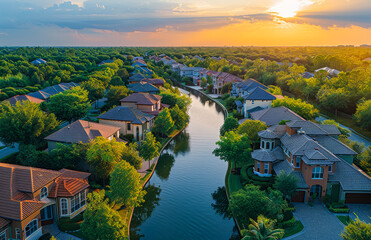 Wall Mural - Aerial view of homes along waterway in suburban neighborhood at sunset