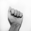 Letter A in American Sign Language (ASL) for deaf people, black and white monochrome photo of a hand