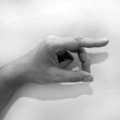 Letter P in American Sign Language (ASL) for deaf people, black and white photo of a hand