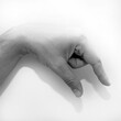 Letter Q in American Sign Language (ASL) for deaf people, black and white photo of a hand