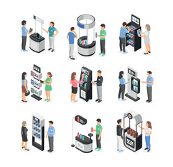 Poster - Isometric exhibition promo stand. Promoters and visitors near stands. Marketing workers demonstrated and promotions different goods flawless vector set