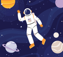 Wall Mural - astronaut working in outer space. universe explorer, interstellar adventures and travel. cartoon cos