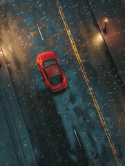 A red car drifting on the road, from a bird's eye view, in wet weather with raindrops falling. 