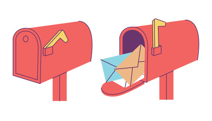 Sticker - Opened closed mailbox. Street letterbox with different envelopes and letters. Postal box with open door, overflowing of mail. Flat decent vector elements