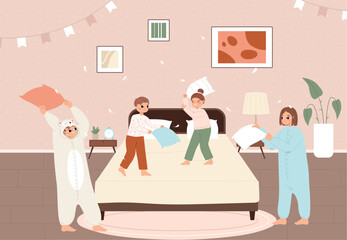 Sticker - Pillow fight in bedroom. Family play together before sleep. Adults and children wearing pajamas and kigurumi. Happy time, childhood snugly vector scene