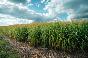 Sticker - A vast field of biomass crops swaying in the wind, ready to be converted into biofuel. Concept of bioenergy production. Generative Ai.