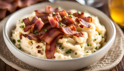 Wall Mural - Bacon mashed potatoes topped with bacon pieces, side dish recipe
