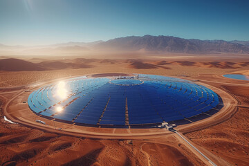Poster - a desert landscape hosting a massive concentrated solar power plant, utilizing mirrors to generate h