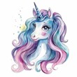 Watercolor painting of a cute unicorn portrait with a rainbow mane isolated on white background