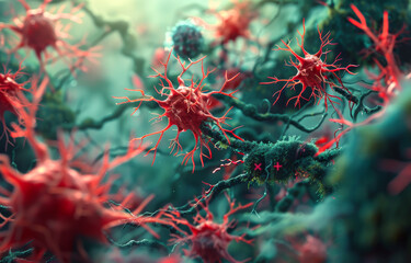 Wall Mural - 3D illustration of microscopic close up of red blood cells and virus cells