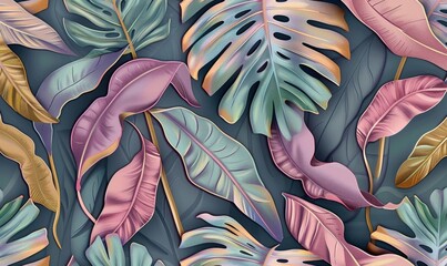  tropical exotic luxury seamless pattern with pastel color banana leaves palm colocasia hand drawn 3d illustration vintage glamorous art design good for wallpapers cloth fabric printing, Generative AI