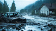 Abandoned, wrecked car sits in the middle of a flooded street, with a misty and desolate landscape in the background.