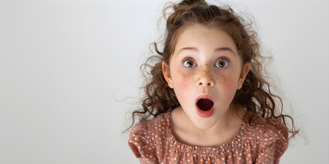 Portrait of a surprised brown-haired girl on a gray background.