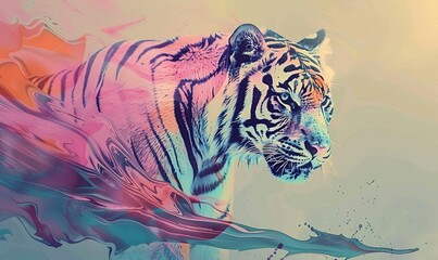  Tiger animal abstract wallpaper. Contrast background in Pastel colors, Generative AI