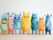 Friendly Monsters , Cheerful monsters in bright colors on light gray