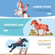 Horse banners equestrian on horses sport activity vector cartoon banners for ads