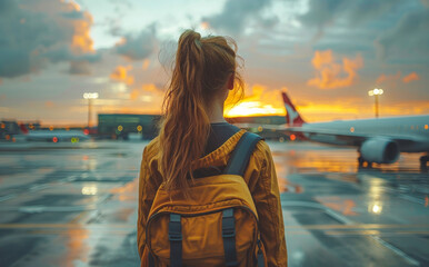 Wall Mural - Young woman traveler standing near the airplane and looking on the sky with backpack at sunset