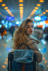 Wall Mural - Young woman with curly hair sitting in the airport with suitcase and backpack on her back.