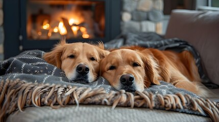 Wall Mural - Funny dog relaxing lying down on couch, cute happy golden retriever puppy sleeping at cozy home living room. Beautiful pet animal photo, festive season greeting card, pet products banner concept.