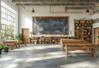 Large blackboard is hanging on the wall in classroom with wooden desks and chairs. 3d rendering