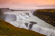 Sunset at Gullfoss, a waterfall located in the canyon of the Hvítá river in southwest Iceland.