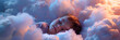 Small Child Sleeping in Heavenly Clouds, A Small Child's Dreamy Journey, Nestled in Heavenly Clouds, Sunlit and Fluffy, Floating into the Depths of Dreamland     
 