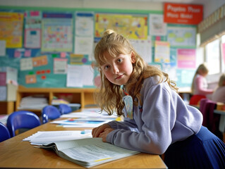 British girl kindergarten student sits and writes note in the classroom, Education in schools in the Europe zone, Classroom in kindergarten.