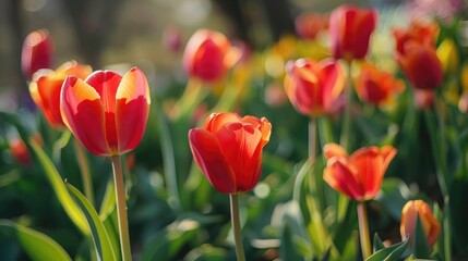 Canvas Print - close-up of delicate tulips swaying in the breeze, their vibrant petals capturing the essence of springtime renewal and beauty.