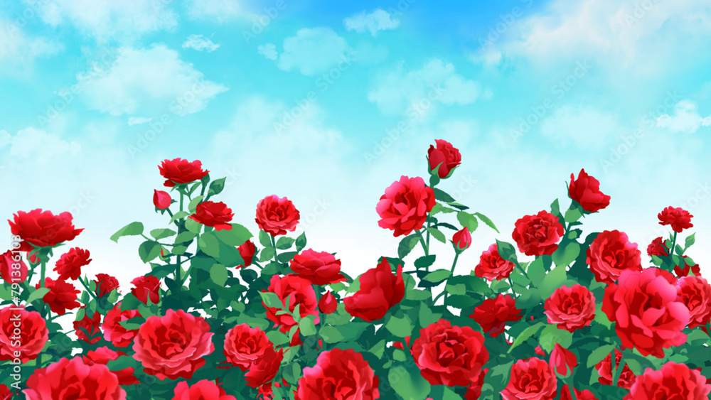 バラ園 薔薇 風景 素材 水彩画 華やか さわやか 晴れ ガーデン