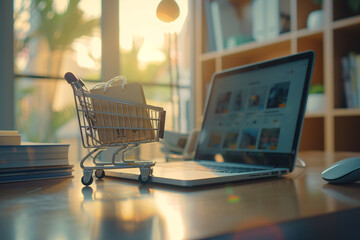 Wall Mural - A laptop computer is open to a website with a shopping cart on it