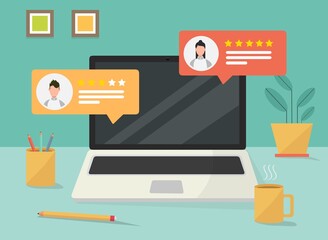 Poster - Chat online su laptop - illustrazioni tra uomo e donna con votazione stella gradimento computer portatile 