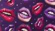 Seamless pattern with puffy female lips on purple background