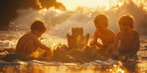 Wall Mural - Three children playing in the sand at a beach. Generative AI.