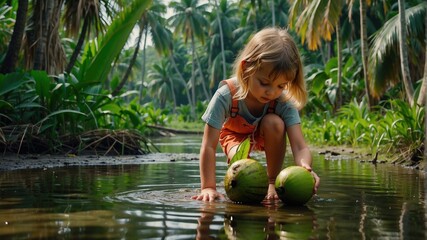 Sticker - A little girl playing in the water with two green coconuts. Generative AI.