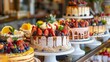 Fresh and inviting display of tropical cakes and desserts at a bakery buffet, emphasizing a sparkling clean and organized counter setup