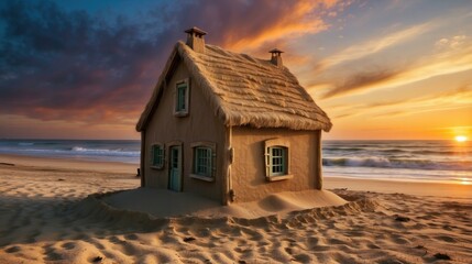 Wall Mural - A small house on the beach at sunset. Generative AI.