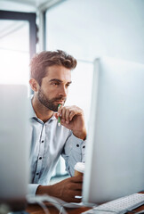 Leinwandbilder - Thinking, designer and man on computer for digital software, news research and web design programming. Startup, developer and programmer coding in office for cybersecurity network and problem solving