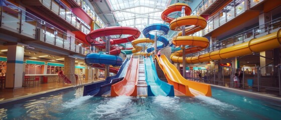 A water slide in a large indoor pool. Generative AI.