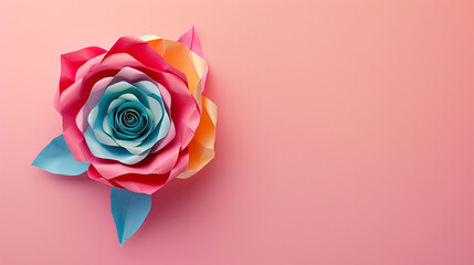 Wall Mural - A colorful paper rose is placed on a pink background. The rose is made of paper and has a unique design. Colourful handmade paper rose on light pink background with copy space in the center