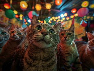  A group of a bunch of cats are looking up at something. Generative AI.