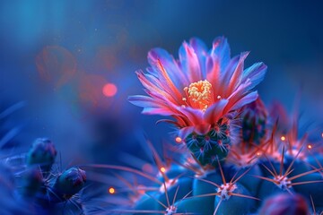 Sticker - A close up of a cactus flower with bright lights. Generative AI.