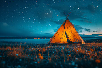 Sticker - A nomad's tent pitched beneath a canopy of stars, where dreams roam freely under the open sky. Concept of wanderlust and freedom. Generative Ai.