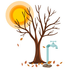 Poster - water scarcity, faucet under a dead tree with the sun behind