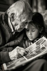 Wall Mural - An old man and young girl looking at a book together. Generative AI.