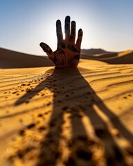 Sticker - A handprint in the sand with a shadow of it's owner. Generative AI.