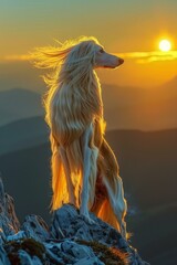 Poster - A dog with long hair standing on top of a mountain. AI.