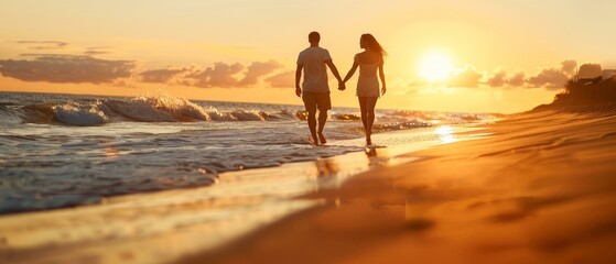 Wall Mural - A man and woman holding hands walking along the beach. AI.