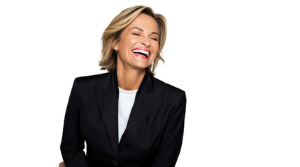 Wall Mural - Laughing businesswoman, stylish, joyful, transparent background.